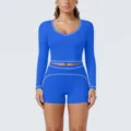 Royal blue contrast piping long sleeve crop top shorts yoga set for workout fitness running. - Ink Blue
