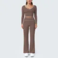 Braunes Langarm Crop Top und Schlag Yogahose Set mit weißen Paspeln Sportbekleidung - Dunkles Schokoladenbraun