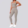Detail view of seamless nude-feeling athletic yoga set for women, perfect for gym running fitness - Frost Grey