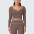 Damen langarm Crop Top Fitness Yoga Set braun sportlich Laufbekleidung Fitnessstudio - Dunkles Schokoladenbraun