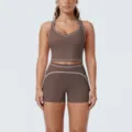Contrast brushed racerback yoga set athletic gym two-piece workout running apparel for women. - S / Top And Bottom / Deep Chocolate Brown