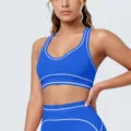 Koningsblauwe sportbeha met witte biezen, ademende fitness yoga gym sporttop voor dames. - S / Tops / Vulpen Blauw