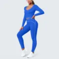 Royal blue long sleeve crop top yoga set for fitness and running workout details. - Water Pen Blue