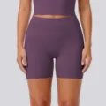 High-waisted athletic yoga shorts and crop top set in deep purple for women fitness workouts. - S / Purple Thistle