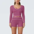 Long sleeve crop top and shorts fitness yoga set detail view, showing contrast piping design. - Fig Purple