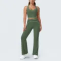 Ensemble haut court dos nageur passepoil contrasté pantalon yoga évasé fitness femme - Vert Mousse Fumée