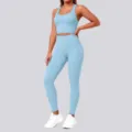 Light blue solid color seamless activewear set, U-neck crop top and high waist yoga leggings. - Sky Blue