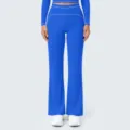 High-waist contrast piping royal blue yoga pants and long sleeve top set for fitness workouts. - Ink Blue