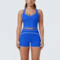 Women contrast trim athletic yoga set, racerback crop top and tight shorts for running and fitness. - S / Top And Bottom / Ink Blue