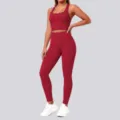 Red seamless yoga set detail, high waist leggings and sports bra, stretchy activewear. - Rouge Red