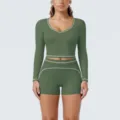 Green contrast piping long sleeve crop top and shorts yoga set for workout and fitness. - Smoke Moss Green