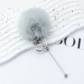 Grey fluffy fur pompom keychain plush bag charm metal ring cute pendant accessory gift - Electroplated Silver