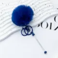Blue fluffy pom pom keychain with metal rod charm accessory for women and girls bags pendant. - Dark Blue