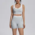 Seamless two-piece yoga set sports bra and high waist shorts gym fitness workout outfit - Clay Grey
