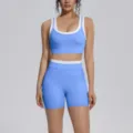 Colorblocked yoga set featuring a stylish athletic sports bra and high-waist fitness shorts for women. - Sky Blue