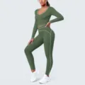 Detailed view of the green contrast piping long sleeve crop top and tight yoga pants set. - Smoke Moss Green