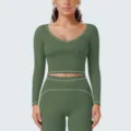 Damen Sportbekleidung olivgrün langarm Crop Top und Fitness Yoga Leggings Fitness Set. - Rauchmoosgrün