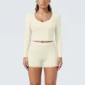 Beige long sleeve activewear set crop top and shorts fitness yoga two piece outfit - Oat Apricot