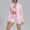 Seamless solid pink 3-piece sports yoga set featuring zip jacket, bra and shorts for fitness. - S / Set / Sakura Pink