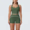 Women contrast piping brushed racerback sports yoga set two piece fitness workout apparel - S / Top And Bottom / Smoke Moss Green