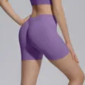 Seamless knit V-waist peach lifting yoga shorts detail showing high waist and back fit design. - S / Bottoms / Mist Purple