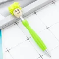 Cute novelty doll head ballpoint pen with green plush hair and smooth barrel for daily writing. - Green