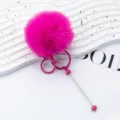 Fuchsia faux fur pom pom keychain with metal stick and rings, cute plush bag charm accessory. - Bright Rose