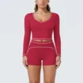 Red long sleeve activewear crop top and shorts gym yoga set for women fitness sportswear - Cherry Red