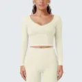 Damen Langarm Crop Top Sportbekleidung Set mit Kontrastpaspelierung für Yoga Fitness. - Hafer Aprikose