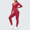 Red long sleeve yoga set detail, contrast piping crop top and leggings for fitness and running workout. - Cherry Red