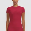 Women red short sleeve running t shirt slim fit quick dry yoga fitness athletic top workout sportswear - S / Tops / Rouge Red