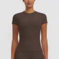 Women's slim-fit short sleeve quick-drying fitness yoga t-shirt detail view and fabric texture. - S / Tops / Distilled Coffee