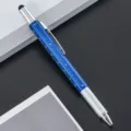 Multifunctionele 6-in-1 gereedschapspen met liniaal, stylus tip en duurzame metalen behuizing. - Donkerblauw
