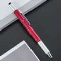 Multifunctionele 6-in-1 gereedschap pen met stylus, liniaal schaal en rode metalen body. - Rood