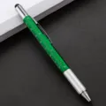 Multifunctionele 6-in-1 metalen gereedschapspen met ingebouwde liniaal en balpen. - Donkergroen