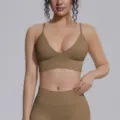 Seamless khaki sports bra and high waist yoga leggings set for fitness, running and workout. - S / Tops / Dark Coffee