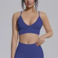 Dark blue seamless sports bra and yoga leggings set, high elasticity breathable fitness wear. - S / Tops / Navy Blue