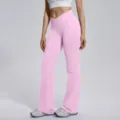 Women's High Waist Crossover Flare Yoga Pants Pink Fitness Running Activewear Leggings - S / Barbie Pink