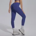 Seamless high waist blue yoga leggings and sports bra set, stretchy activewear for gym fitness. - Bottoms / Navy Blue / S