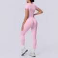 Naadloos gebreid effen strak ademend lang yogaset voor fitness en sporttraining - S / Top en Broek / Barbie Roze