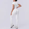 Naadloze geribbelde korte mouw top en hoge taille leggings fitness yoga set voor vrouwen. - S / Top en Broek / Gebroken wit