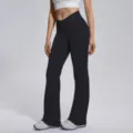 Crossover waist flare yoga pants, high waist tummy control workout fitness leggings for women. - S / Black