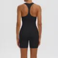 Back view of black women's athletic backless yoga jumpsuit, breathable fitness activewear. - S / Top And Bottom / Black