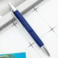 Blue retractable ballpoint pen with silver trim, ideal for business gifts and office use. - Dark Blue