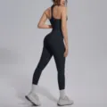 Dames zwarte sportieve yoga jumpsuit fitness hardlopen gym sportkleding setje mooi - Zwart