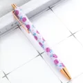 Stylo à bille en métal rétractable avec motif de roses et cœurs, détails or rose pour bureau. - Violet - Rose