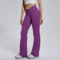 Purple crossover waist flare yoga pants for women, high stretch athletic fitness trousers. - Plum Purple