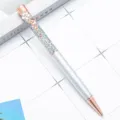 Rose gold and silver rhinestone ballpoint pen with sparkling glitter barrel and flower clip. - Painted Silver