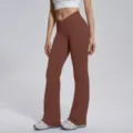 Women high waist cross crossover flare yoga pants athletic fitness running leggings brown - Brown