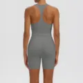 Solid color breathable yoga set featuring a racerback sports bra and high waist shorts for workout. - S / Top And Bottom / Titanium Gray